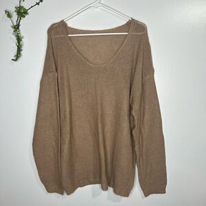 Tan Camel Oversized V-Neck Lightweight Layering Sweater